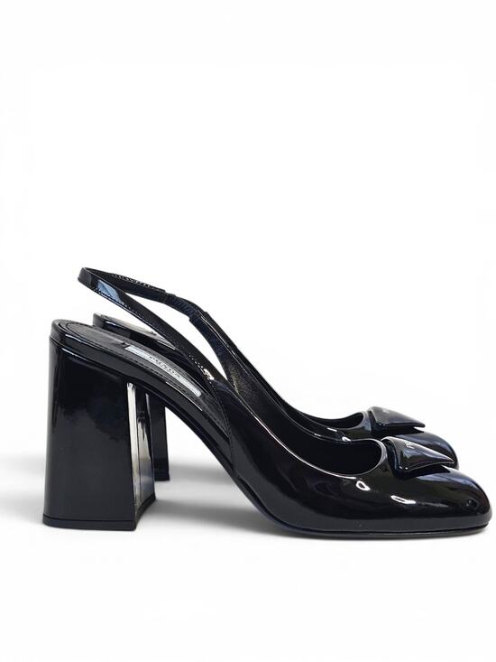 Prada Shoes - Prada Vernice Black Patent Leather Slingback Block Heel Pumps Triangle Logo 38